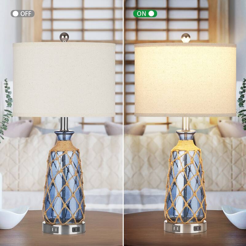 Table Lamp Deep Blue Bubble Glass Dual USB Charging Ports AC Outlet Touch 3-Way Dimming Switch No Strobe (Set of 2)