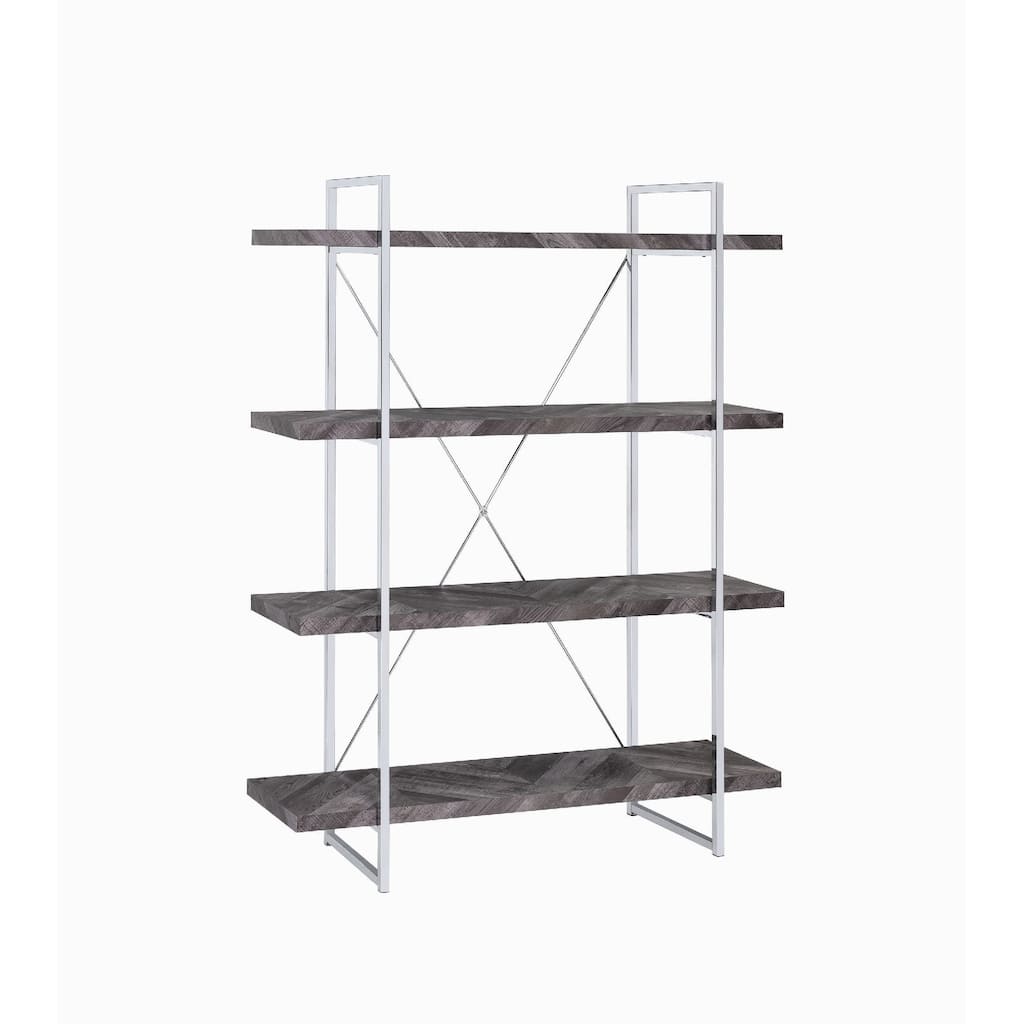 4 Shelve Wood and Metal Bookcase with X shape Back Support, Gray and Silver