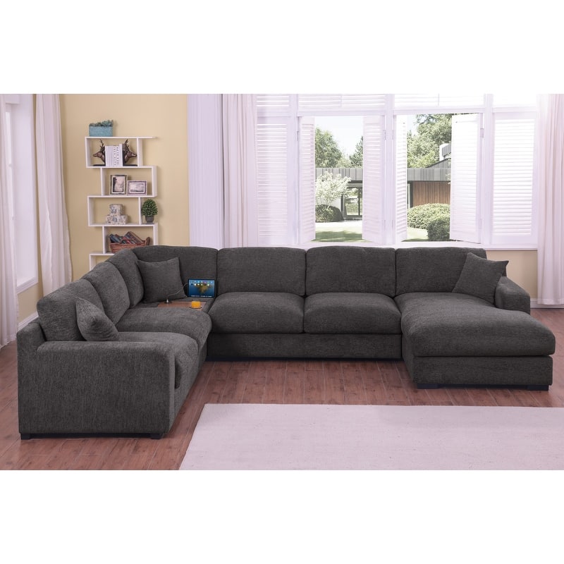 Celine 128"W Chenille Fabric Corner Sectional Sofa with Right-Facing Chaise, Cupholders, and Charging Ports