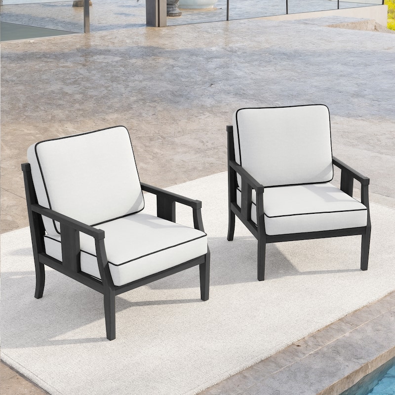 Set of 2 Outdoor Teak Wood Armchairs with Cushions, Patio Club Chairs