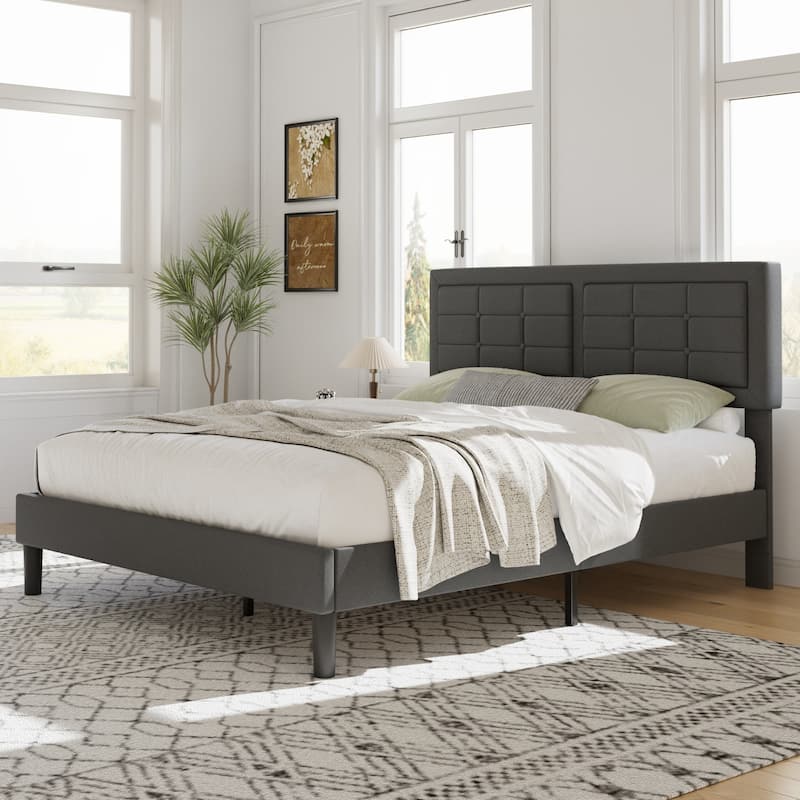 VECELO Bed Frame with Adjustable Headboard Upholstered Button Tufted Platform Bedframe with Wood Slats Support