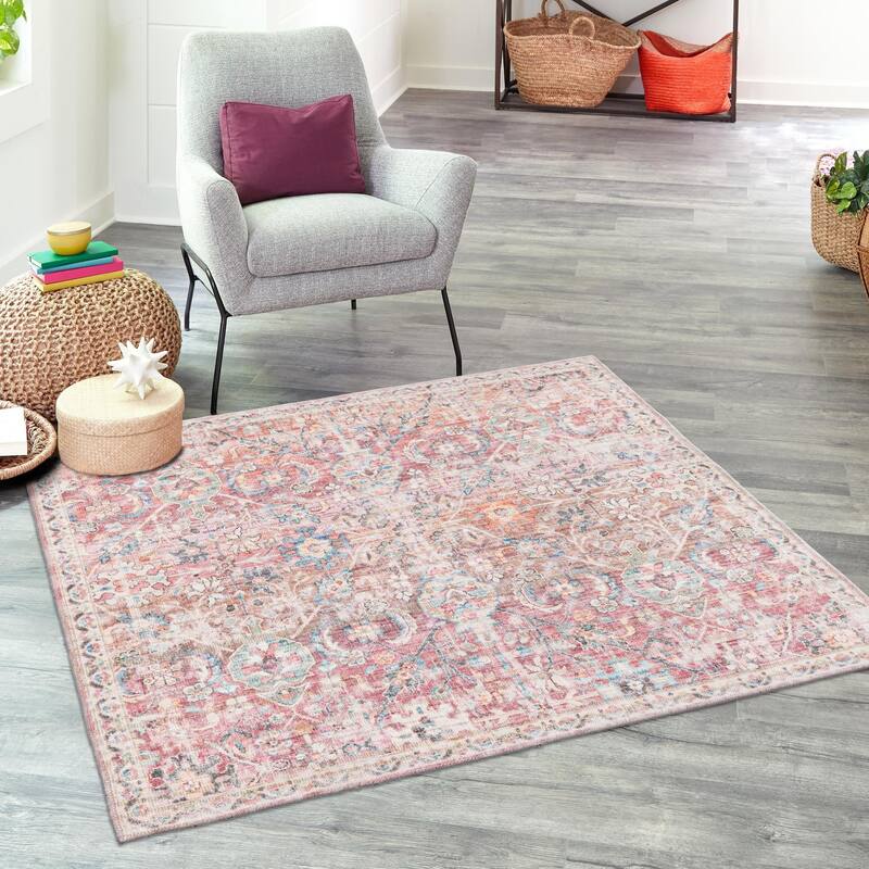 Country & Floral Pria Collection Area Rug - 5'3" Square - Ivory-Pink