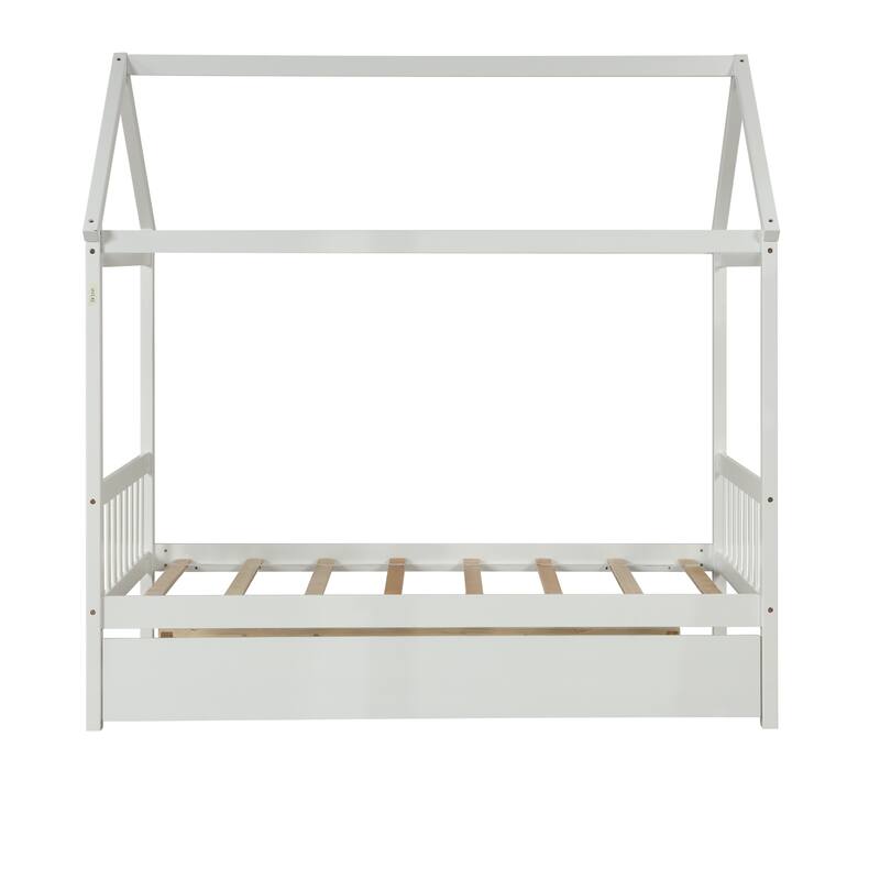 White Twin Size Solid Wood House Bed with Trundle and Roof