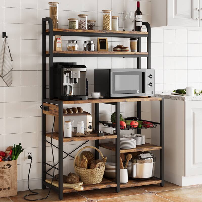 Kitchen Buffet Table with Large Storage with Power Outlet - Brown