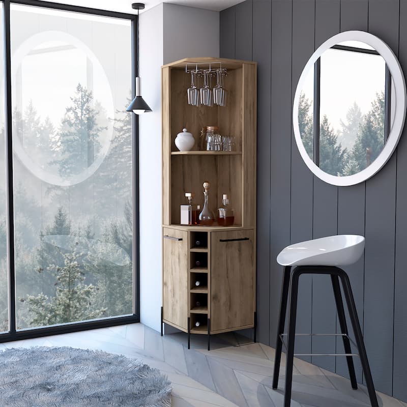 FM Furniture Reese Corner Bar Cabinet with Glass Rack, 5 Wine Cubbies, 2 Doors, 4 Inner Shelves, and 2 Open Shelves, Macadamia