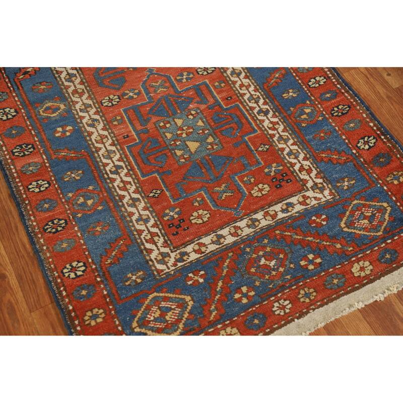 Hand Knotted Oriental 100% Wool Carpet Traditional Geometric Oranges & Rust Heriz (serapi) Runner Rug - 12' 7'' X 2' 10''