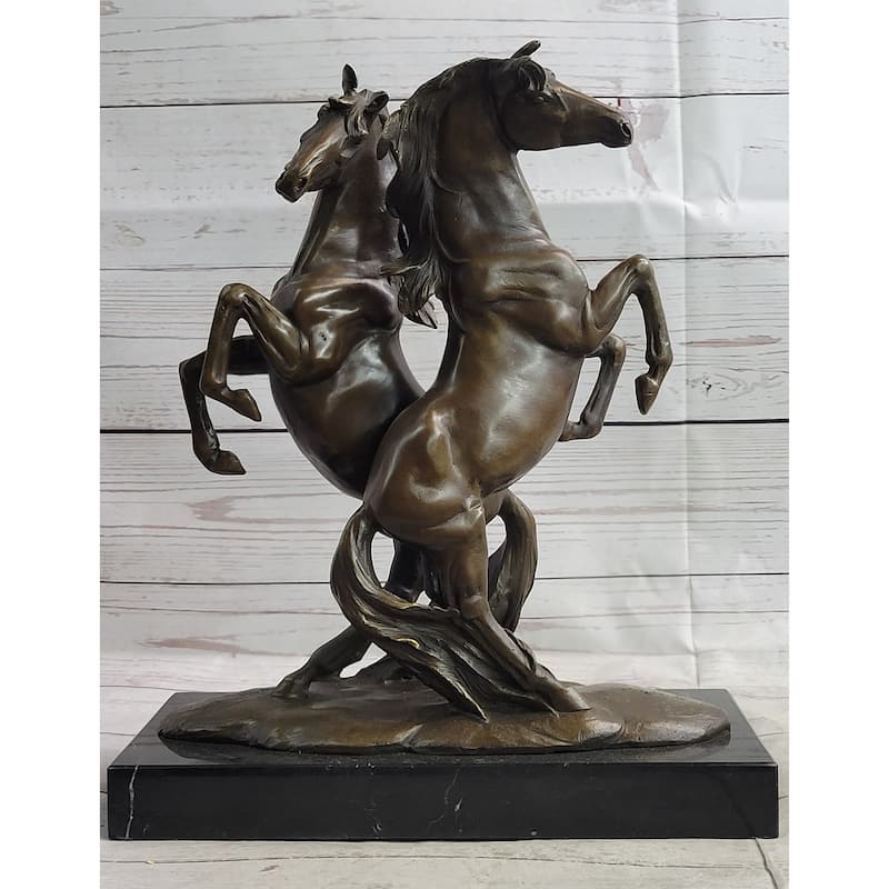 Two Rearing Stallions Horses Bronze Sculpture Statue Horse Lover Decor Signed Art On Marble Base