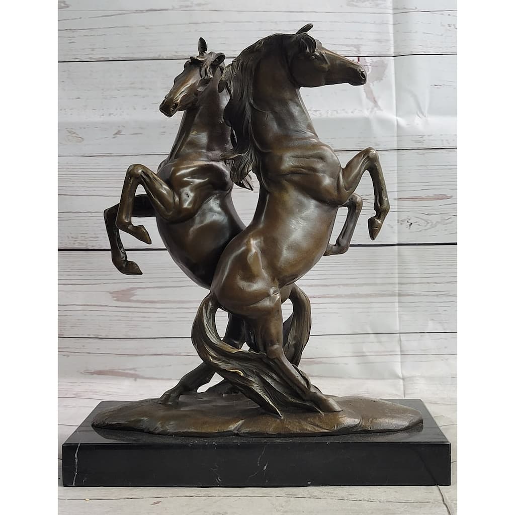 Two Rearing Stallions Horses Bronze Sculpture Statue Horse Lover Decor Signed Art On Marble Base