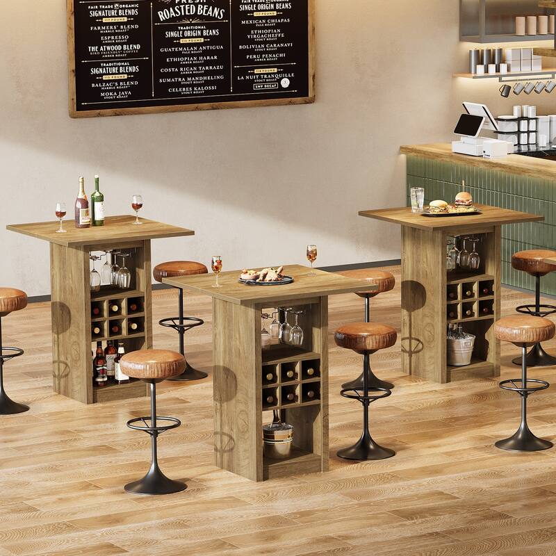 Wood Counter Height Bar Table, Glass Holders Wine Racks Storage Shelves, Kitchen Bistro High Top Pub Cocktail Home Bar Unit