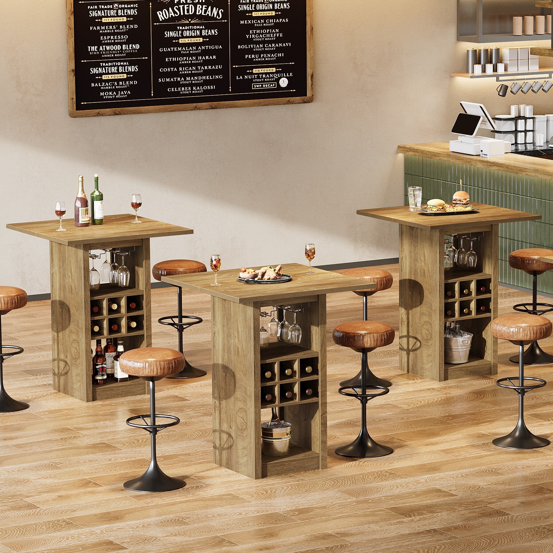 Wood Counter Height Bar Table, Glass Holders Wine Racks Storage