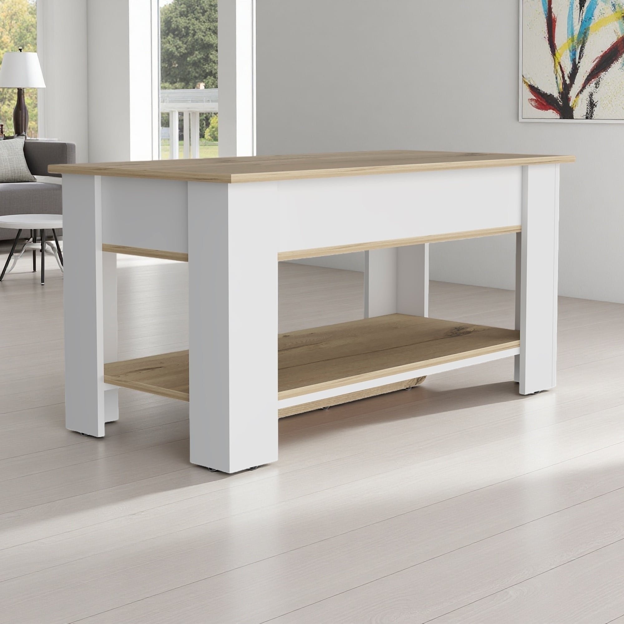 40"L Storage Table with Liftable Top, Metal Hinges & Lower Shelf