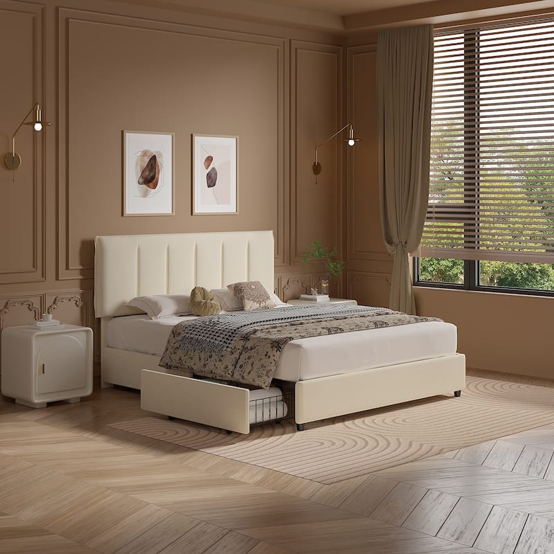 VECELO Bed Frame with 4 Storage Drawers, Upholstered Platform Bed Frame with Adjustable Headboard