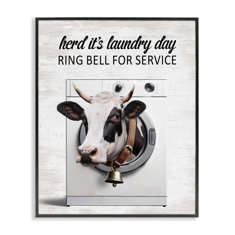 Stupell Ring Bell Laundry Service Cow Framed Giclee Art Design By Lettered and Lined - 11 x 14 - Black