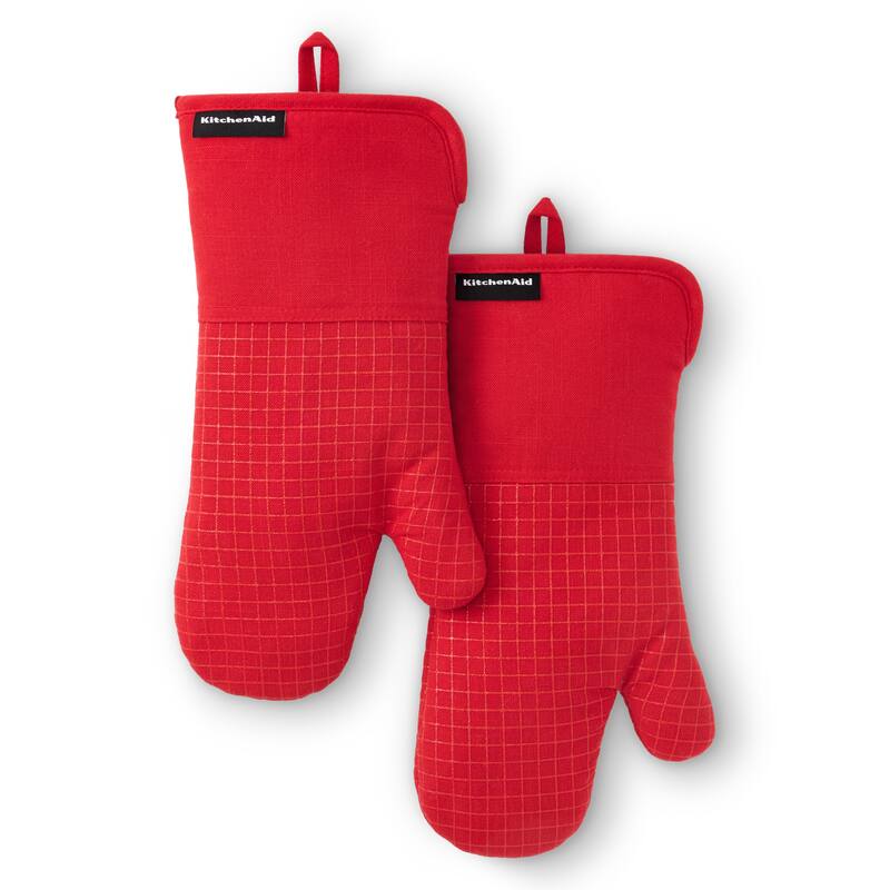 KITCHENAID Gourmet Series Gridlines Oven Mitts 2-Pack Set, Heat Resistant up to 600°F, Soft Silicone Grip, Magnetic Cuff - Passion Red