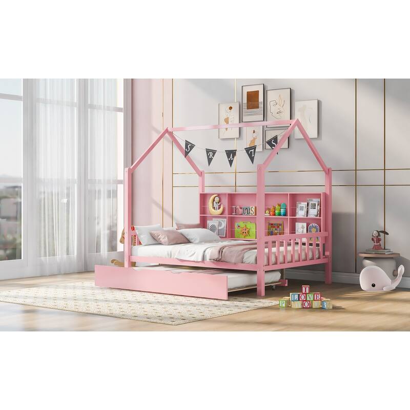 Pine Kids House Platform Bed with Trundle, Shelf, and Roof