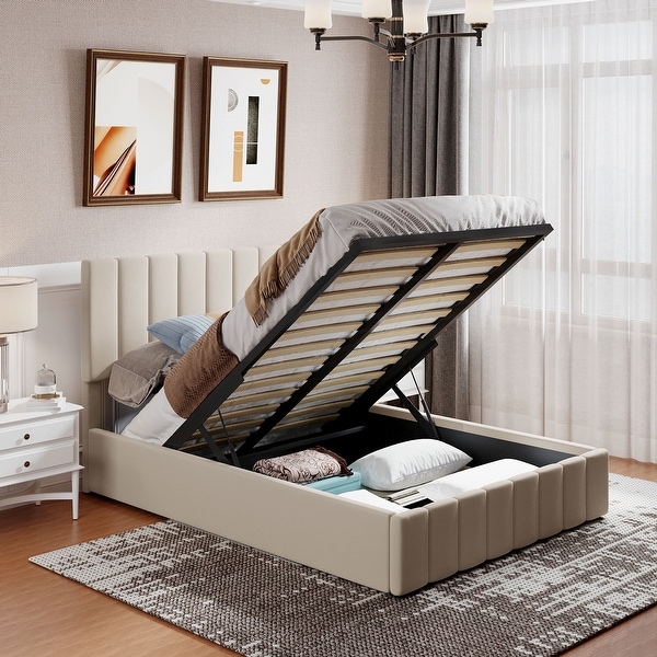 Elegant Linen Upholstered Full Size Platform Bed with Hydraulic