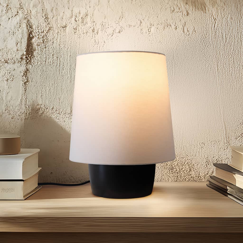 Brightech Dan 14 in Classic Matte Black Modern 9W 800Lm 3000K LED Contemporary Round Table Lamp With Cream Cotton Drum Shade