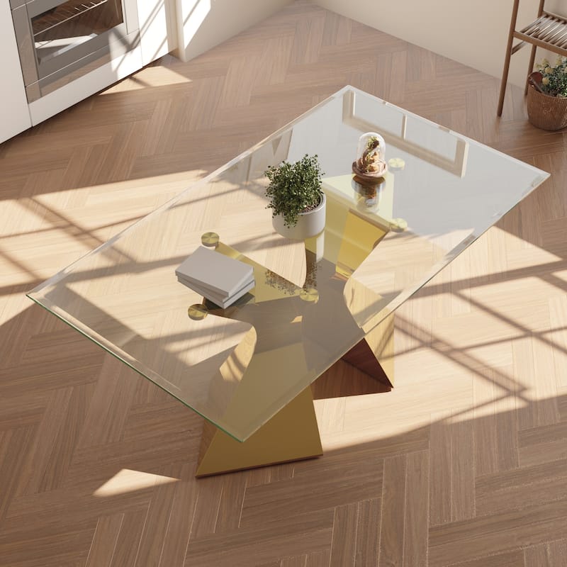 Luxury Gold Dining Table Set with 63 inch Glass Dining Table and White Leather Dining Chairs