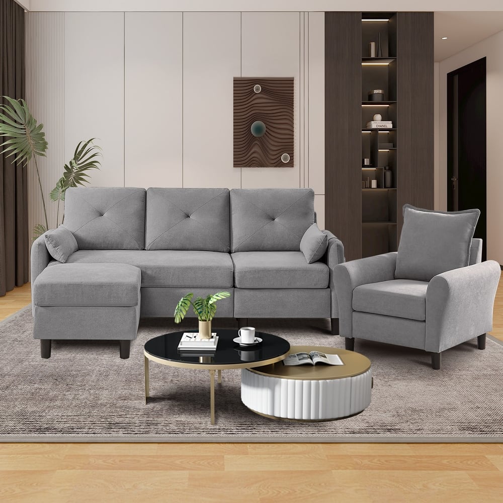 3-Pieces Sectional Sofa Set with Ottoman and Chair