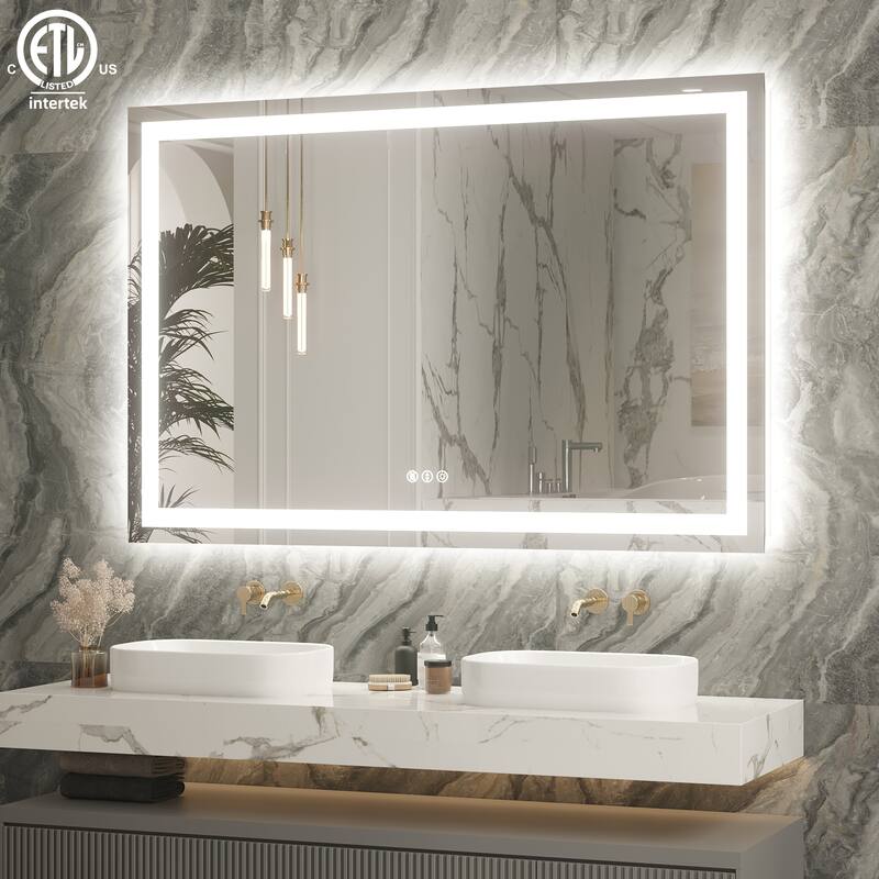 Large Rectangular Frameless Anti-Fog LED Light Wall Mounted Bathroom Vanity Mirror in White - N/A