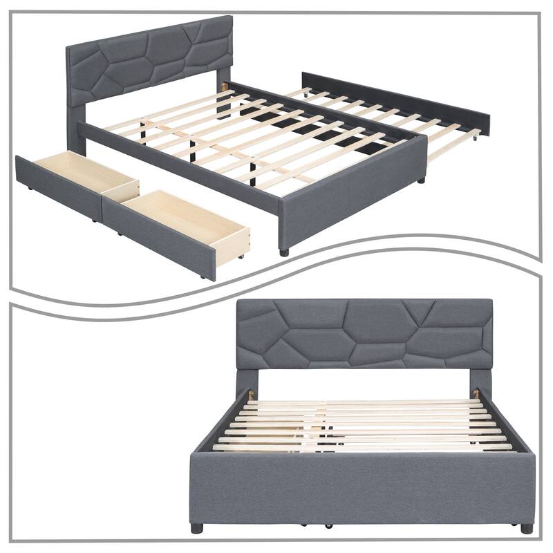 Stylish Linen Fabric Upholstered Platform Bed with Two Drawers and a Trundle Bed