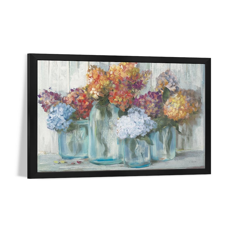 Fall Hydrangeas In Glass Jar Crop Premium Framed Poster by Carol Rowan
