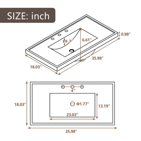 dimension image slide 0 of 3, 36" Bathroom Vanity with Sink Combo, One Cabinet and Three Drawers, Solid Wood and MDF Board