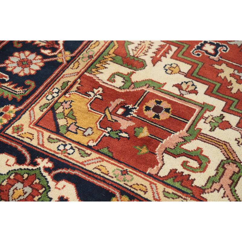 Orange Geometric Heriz Serapi Indian Area Rug Hand-Knotted Wool Carpet - 8'11" x 11'11"