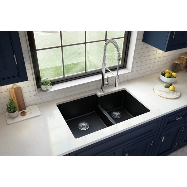 slide 2 of 58, Karran Undermount Large/Small Bowl Quartz Kitchen Sink - 32" x 21.25" x 9" - 32" x 21.25" x 9"