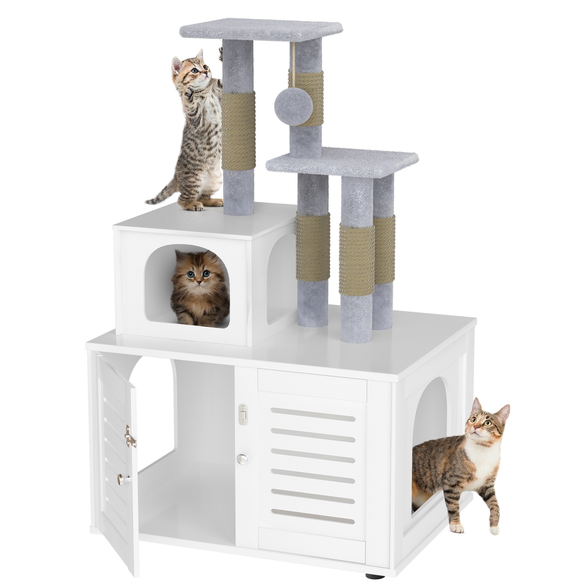 Cat Tree with Wood Litter Box Enclosure All in one Indoor Cat Furniture with Large Platform and Cat Condo House N A Wood 02