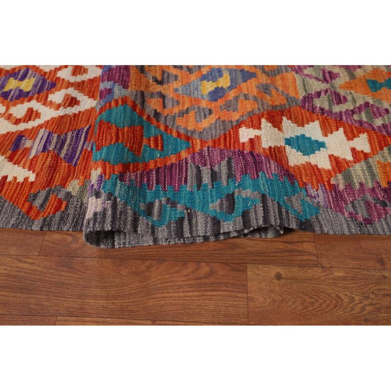 Reversible Orange Kilim Area Rug Flatweave Oriental Wool Carpet - 7'11" x 9'7"