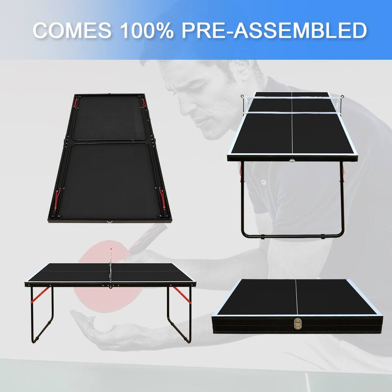 Anmytek 4.5ft Black Table Tennis Table Foldable & Portable Ping Pong Table Set with Net and 2 Ping Pong Paddles