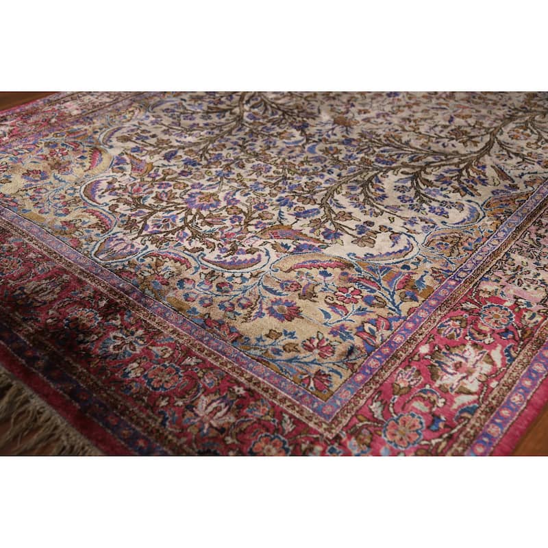 Hand Knotted Oriental Silk Carpet Traditional Floral Beige & Ivories Kashan Area Rug - 6' 10'' X 4' 4''