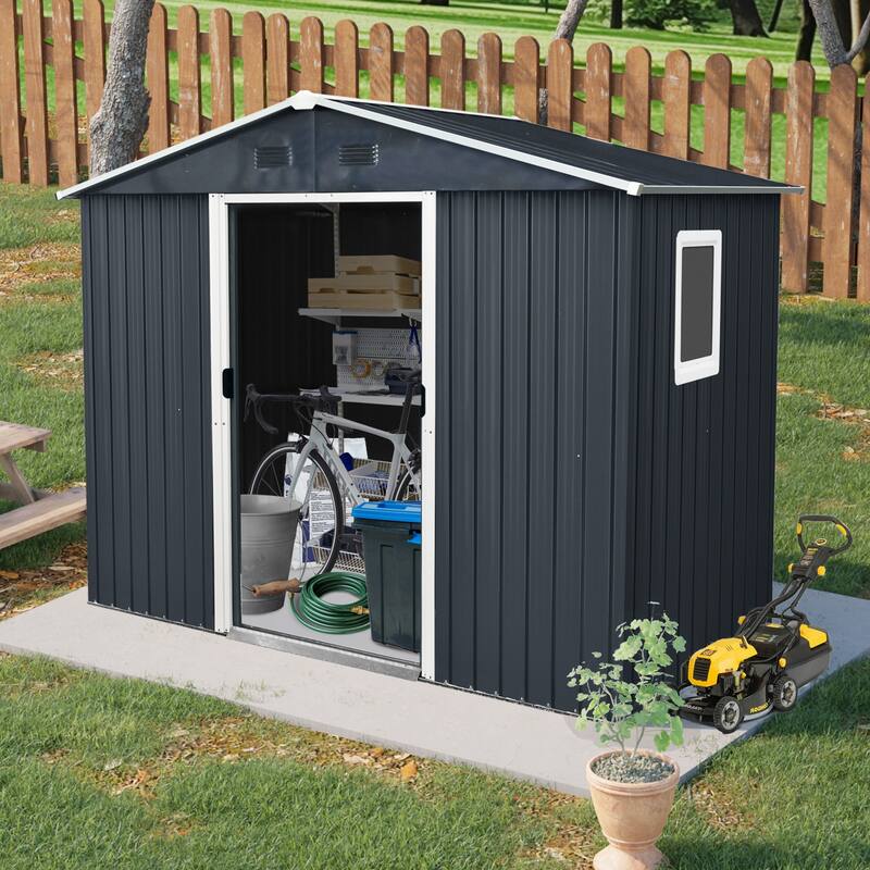 8 ft x 4 ft Outdoor Metal Storage Shed with Window and Metal Foundation for Backyard, Patio, Lawn - Black White
