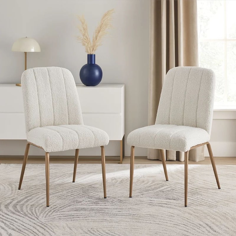 Rise 19 Inch Dining Chairs, Soft Boucle Upholstery, Set of 2, White, Bronze