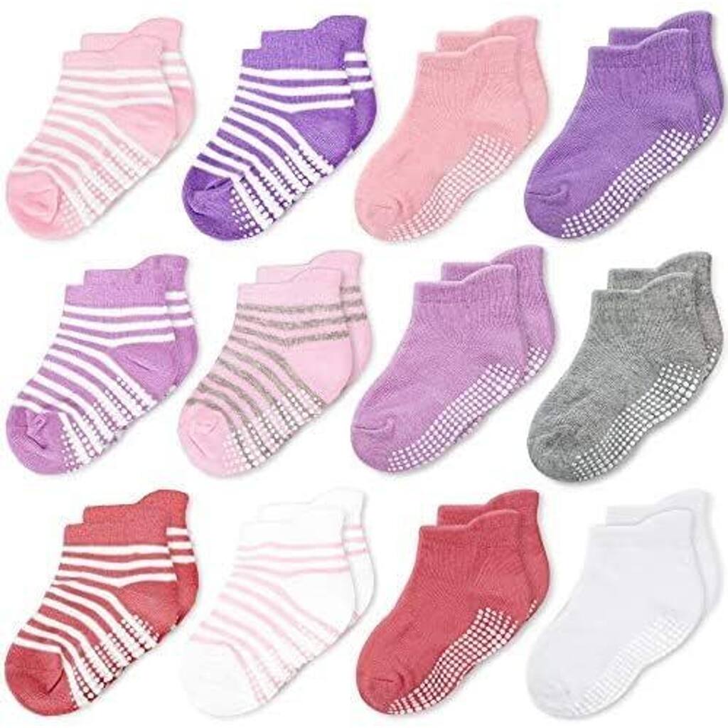 CozyWay Non-Slip Ankle Style Socks with Grippers, 12 Pack, Multi Colored, 1-3 Years