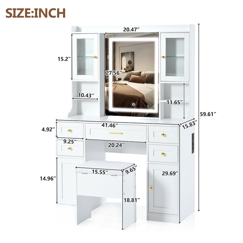 41.4" Makeup Vanity with Mirror & Lights, 5 Drawers, 4 Cabinets, Charging Station & Storage Stool for Bedroom