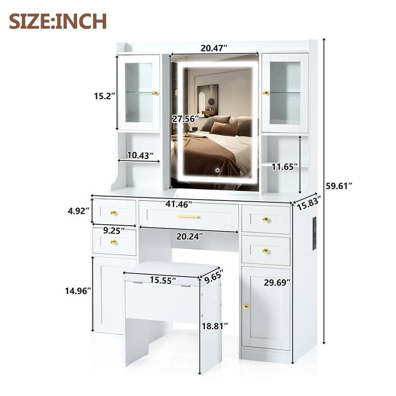 Makeup Vanity Desk with Lighted Mirror & Charging Station, Large Vanity Table Set with Drawers & Storage Stool for Bedroom