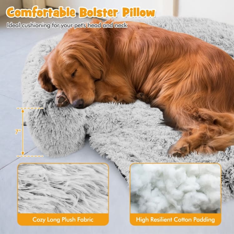 White-Grey Plush Calming Dog Couch Bed with Anti-Slip Bottom