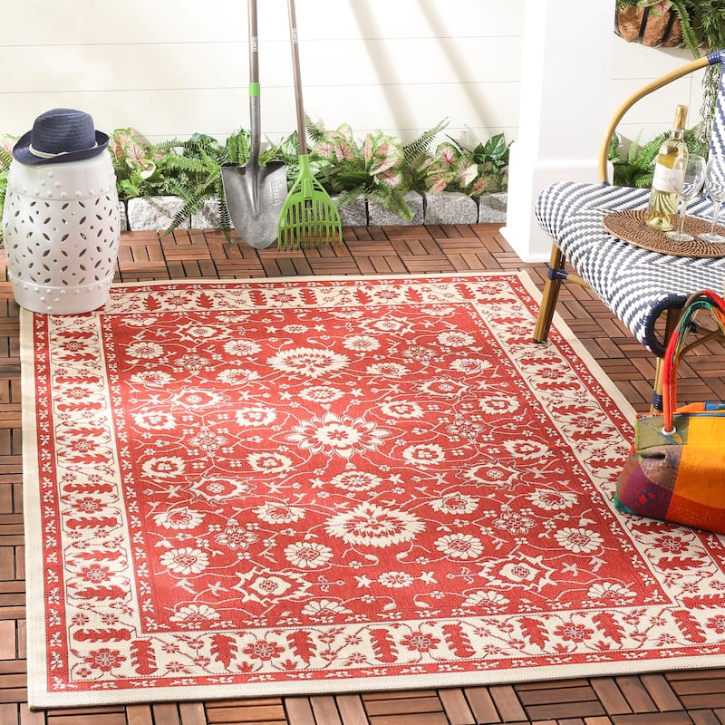 SAFAVIEH Courtyard Dyrfinna Indoor/ Outdoor Waterproof Patio Backyard Rug - 4' x 5'7" - Red/Creme