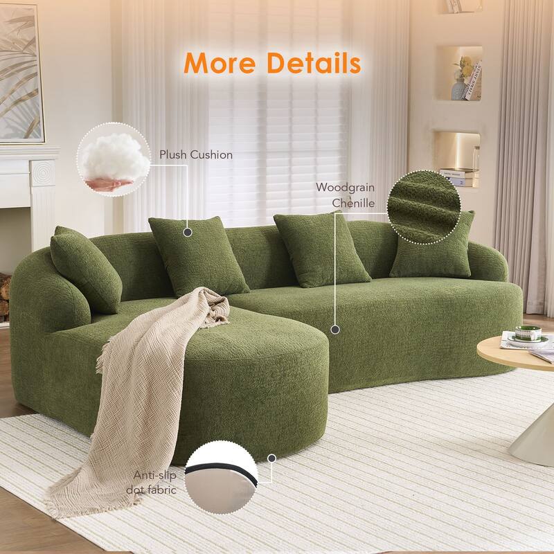 L-Shaped Sectional Sofa with Curved Chaise, Chenille Boneless Cloud Sofa, Modular 4-Seater Sofa with 4 Throw Pillows