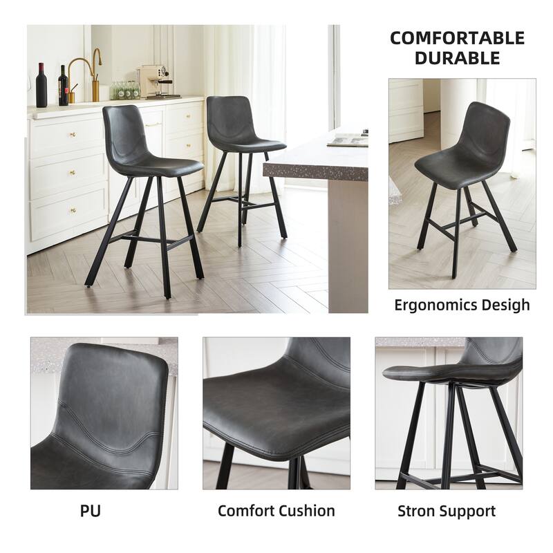 Set of 2 Bar Stool with Ergonomic Curved Backrest - Sturdy Black Metal Frame Counter Height Seating with Footrest