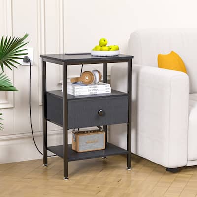 VECELO Nightstand with Charging Station 2 AC Outlets & 2 USB Ports 24-Inch High Bedside Table with Fabric Drawer 2 Open Shelves