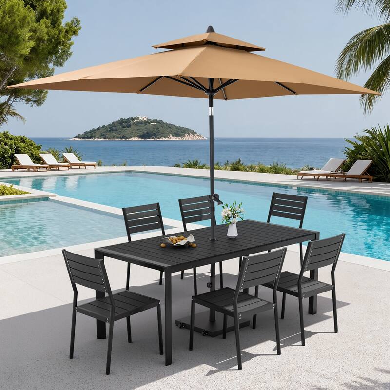 9-Piece Outdoor Patio Dining Set Wood Like Aluminum Umbrella Hole Table with Stackable Chairs, Market Umbrella and Wheel Base - BlackTable&BlackChairs&TanUmbrella