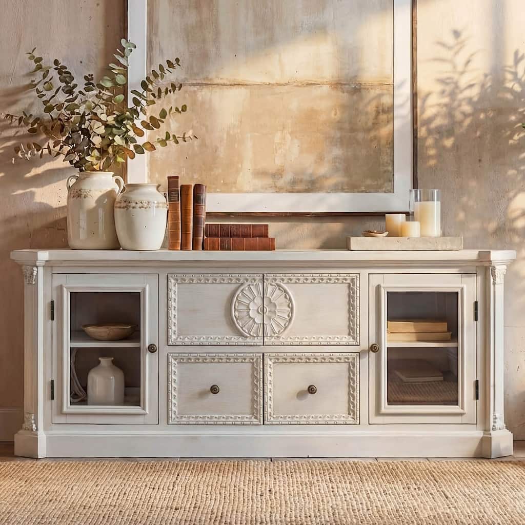 Farmhouse TV Stand with Storage, Solid Wood Media Console Cabinet for Living Room, Fully Assembled