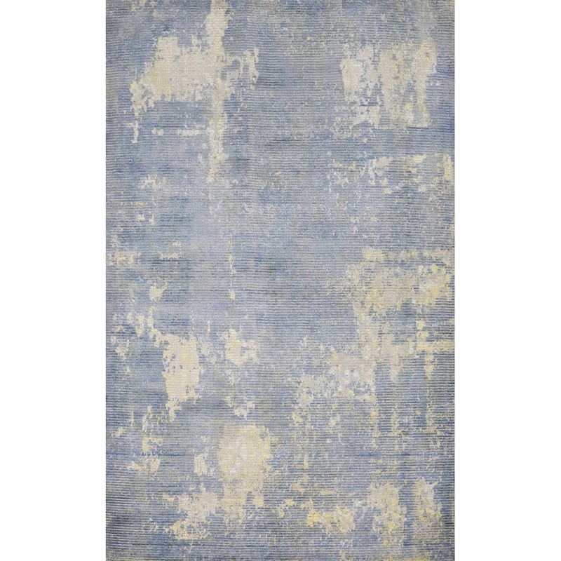 Hand Knotted Oriental Viscose Silk Carpet Modern All-Over Navy Blue & Blues Abstract Area Rug - 7' 8'' X 5' 6''