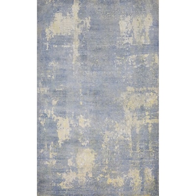 Hand Knotted Oriental Viscose Silk Carpet Modern All-Over Navy Blue & Blues Abstract Area Rug - 7' 8'' X 5' 6''