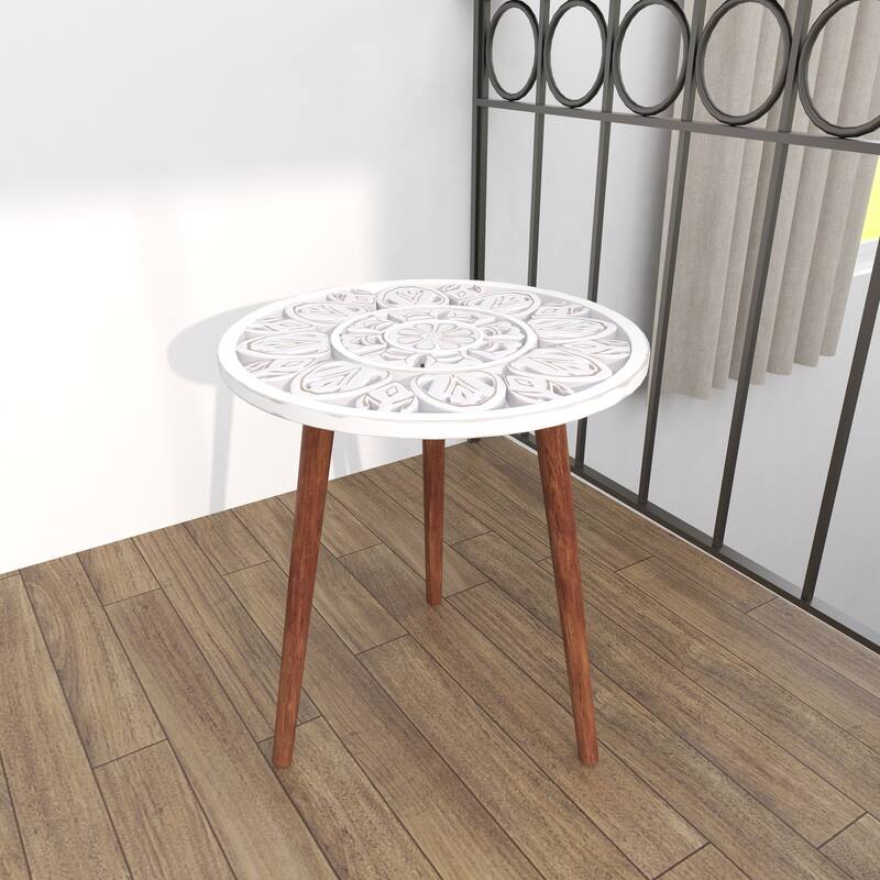 Mango Wood Handmade Intricately Carved Floral Accent Table with Tripod Legs - Dark Brown, White, Brown