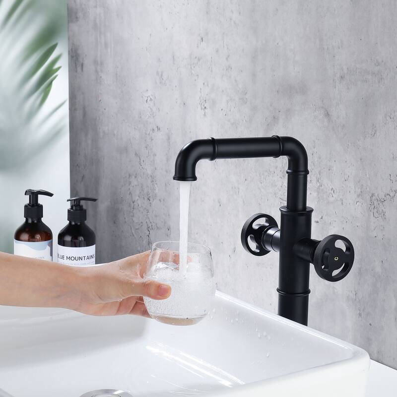 Industrial Single Hole 360 Degree Swivel Bathroom Sink Faucet with 2 Handle in Black/Gold - Matte Black