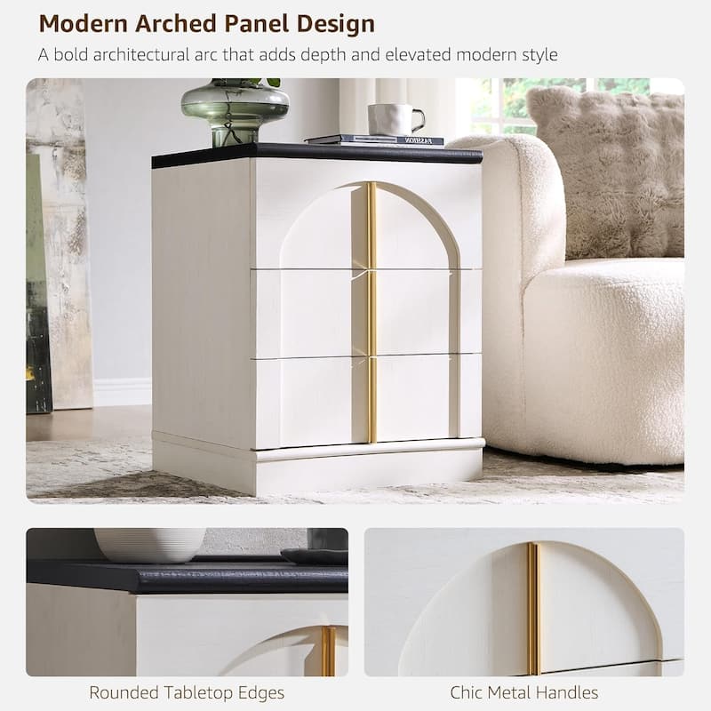 Modern Arched 3 Drawers Nightstand with Charging Station, Side Table